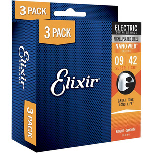 Elixir Nano Web Electric Guitar Strings - 3 PACK - Super Light 9-42