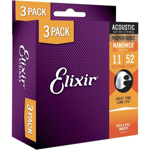 Elixir Nano Web Phosphor Bronze Acoustic - 3 PACK - Custom Light 11-52