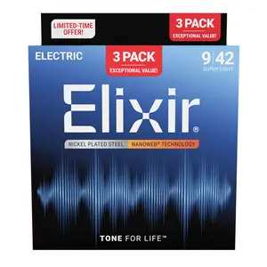 Elixir Nano Web Electric Guitar Strings - 3 PACK - Super Light 9-42