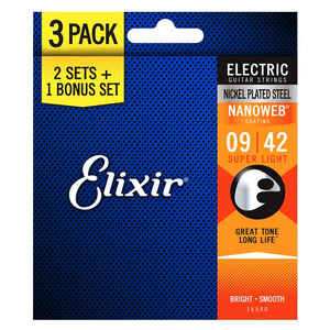 Elixir Nano Web Electric Guitar Strings - 3 PACK - Super Light 9-42