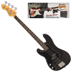 Vintage V40 Coaster Bass Guitar Package  - Left Handed - Gloss Black