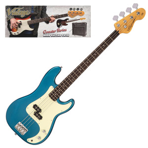 Vintage V40 Coaster Bass Guitar Package  - Candy Apple Blue