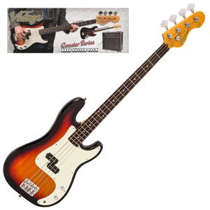 Vintage V40 Coaster Bass Guitar Package  - 3 Tone Sunburst