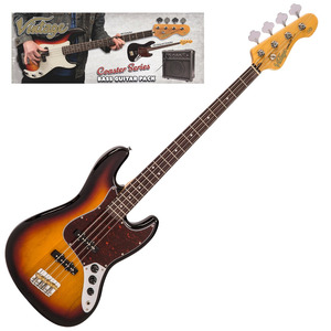 Vintage V49 Coaster Bass Guitar Package  - 3 Tone Sunburst