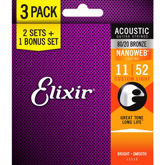 Elixir Nano Web 80/20 Acoustic 3 PACK - Custom Light 11-52