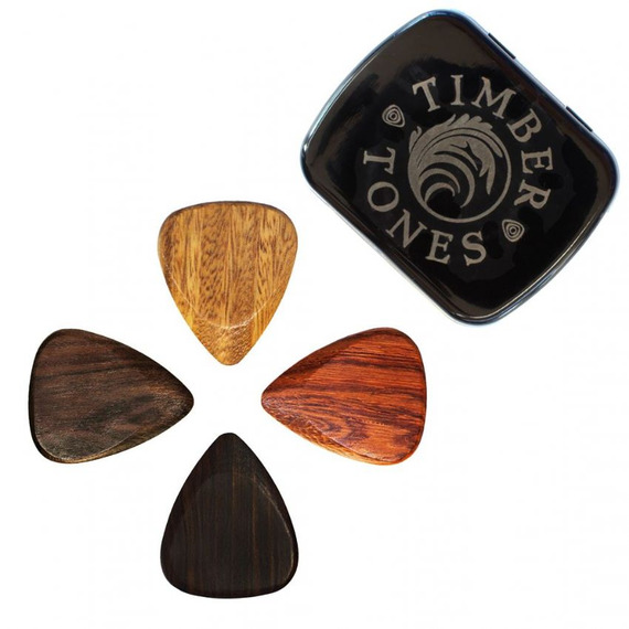 Timber Tones 4 Pick Tin of Wooden Picks for Electric Guitar