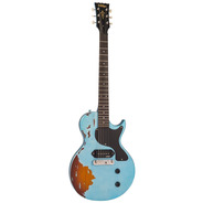 Vintage V120 ICON Electric Guitar, Distressed Gun Hill Blue Over Sunburst Vintage V120 ICON
